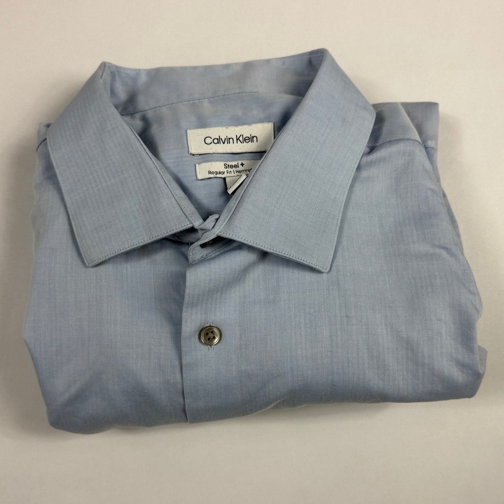 Calvin Klein Steel+ Mens Light Blue Herringbone Dress Shirt XL 17.5 34/35